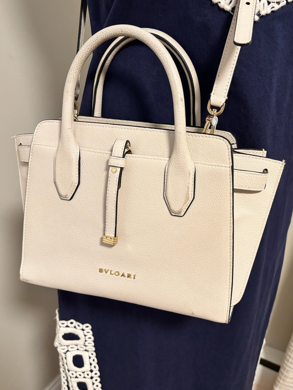 Bvlgari White Pebbled Leather Top Handle Crossbody Bag Structured Satchel Italy